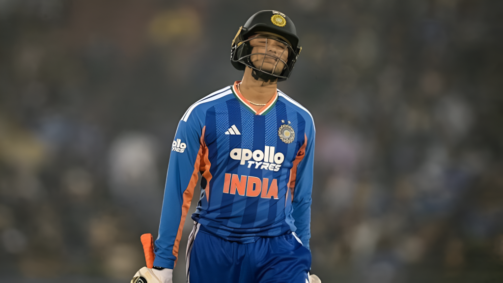 Abhishek Sharma batting for Team India during T20 World Cup 2026 with breaking news banner