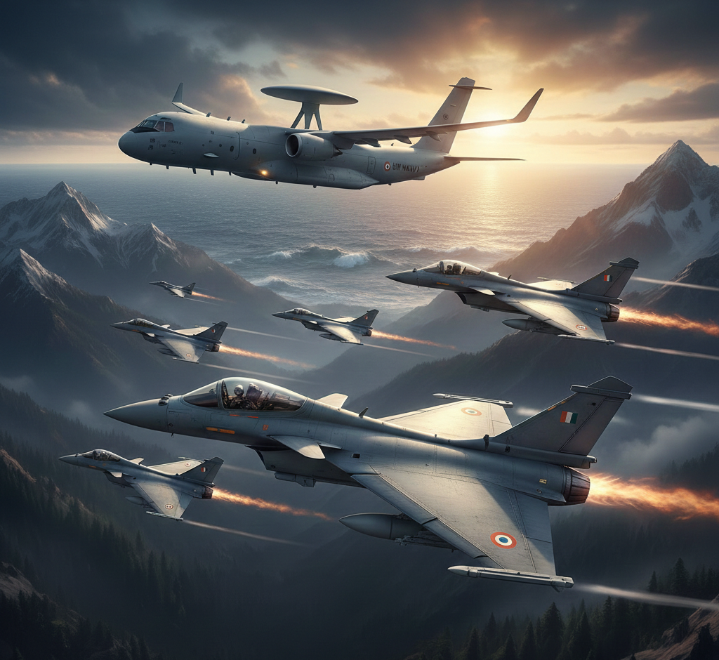 IAF Rafale fighter jet taking off and P-8I Poseidon maritime aircraft patrol