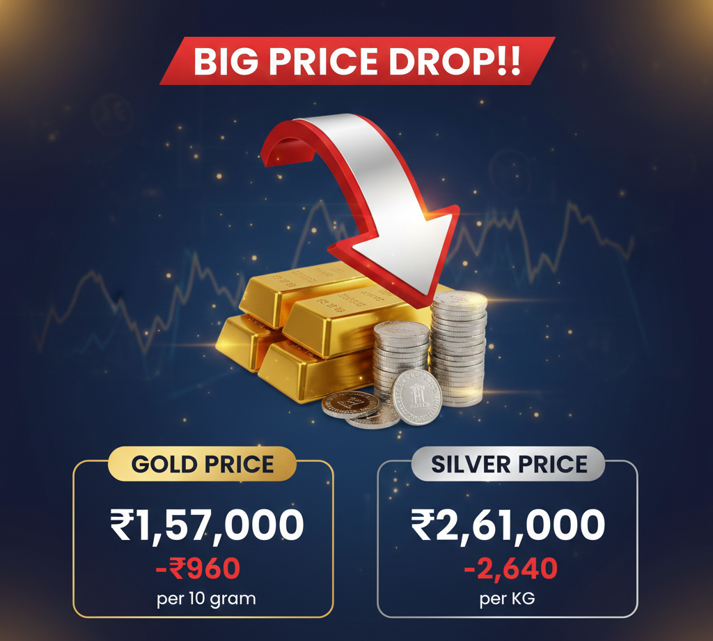 Stacks of gold bars and silver coins showing price drop in bullion market