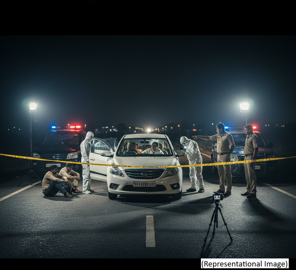 Police investigation at the murder spot in Badli, Jhajjar; Forensic team examining the car.